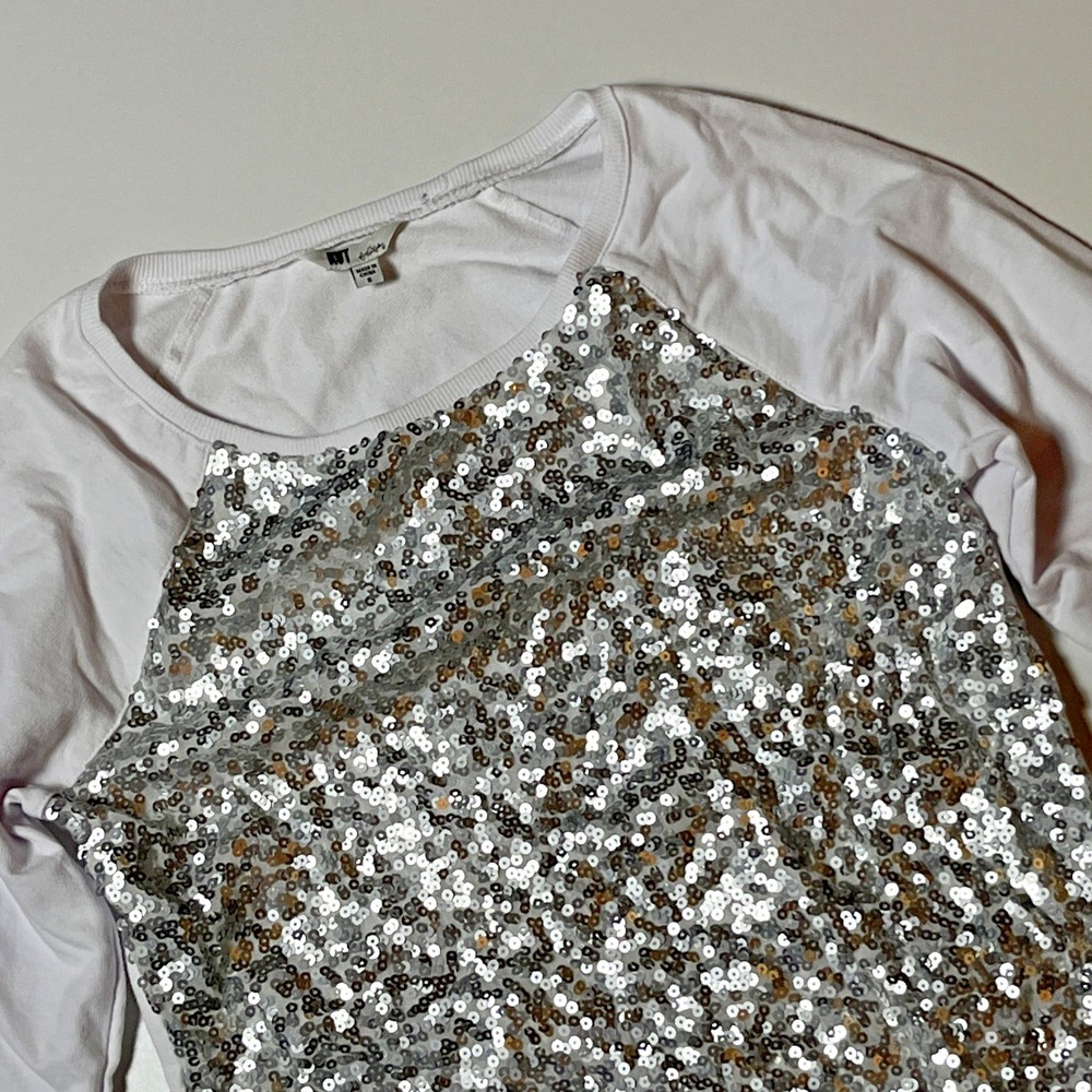 KUT from the Kloth Silver Sequin Raglan Lightweight Sweatshirt Size S White Top